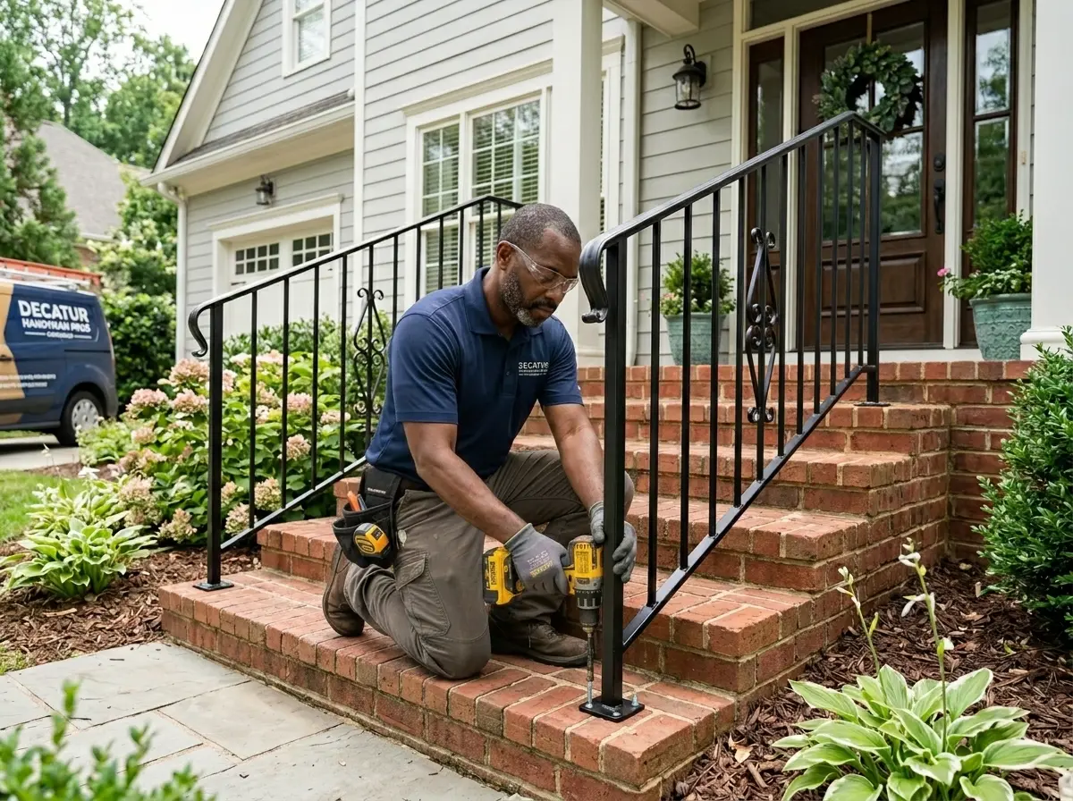 Contractor installing a secure exterior handrail