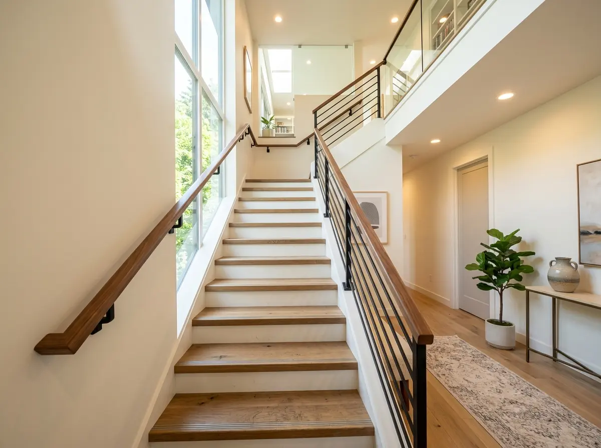 Bright staircase with handrails on both sides